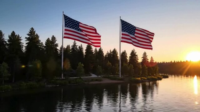 Two American flags waving on poles by serene lake at sunset with trees