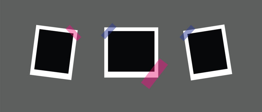 Three blank polaroid photos with colorful sticky notes on gray background  photo frames