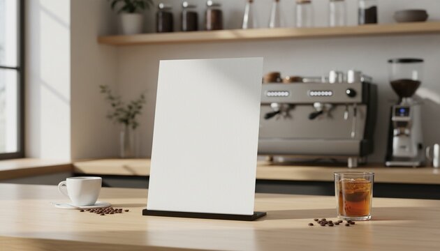 Cafe countertop with blank white empty menu sign poster mockup display paper for marketing, design, and advertising