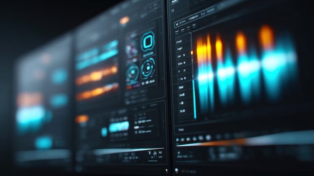 Futuristic digital interface displaying audio waveforms and data visualizations on multiple screens