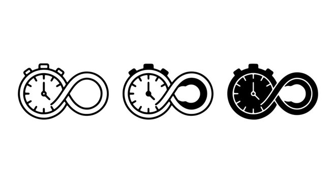 Infinity Clock Icons, Time Loop Symbols, Infinite Duration Vector Graphics, Stopwatch Eternity Concepts