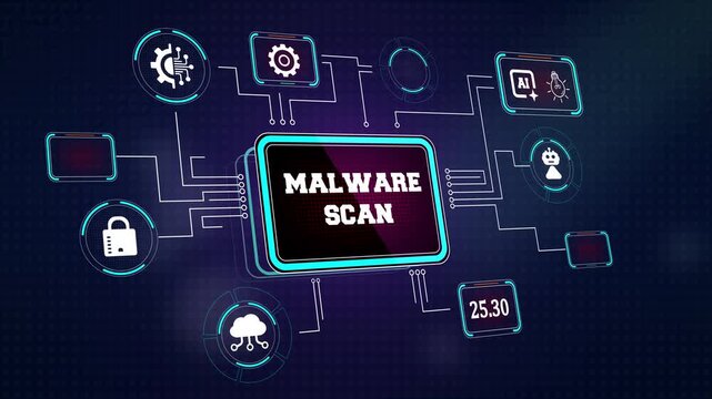 High tech malware scan hud featuring virtual system analysis and network vulnerability icons great for cybersecurity presentations and tech news documentaries