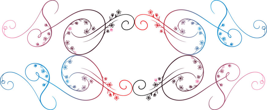 Colorful vintage floral frame template layout with elegant hand drawn calligraphic flourishes and decorative swirl ornaments