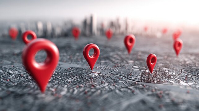 Red map pins scattered across a detailed city map with blurred skyscrapers in the background