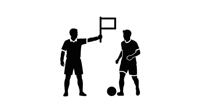 Referee with raised flag and soccer player with ball black silhouette high quality professional detailed modern elegant