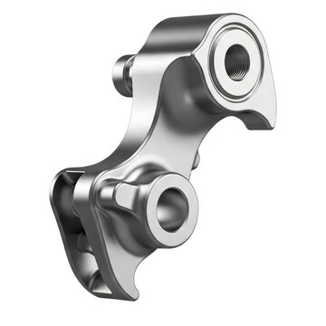 Precision machined metallic bicycle derailleur hanger on a transparent background
