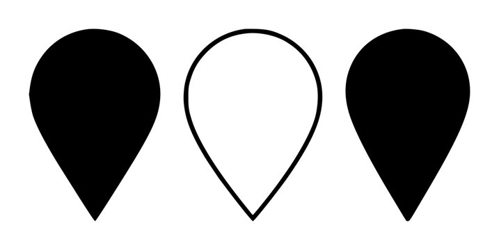 Map pin set with solid black icon on white background featuring location marker, navigation, point of interest with simplicity and clarity