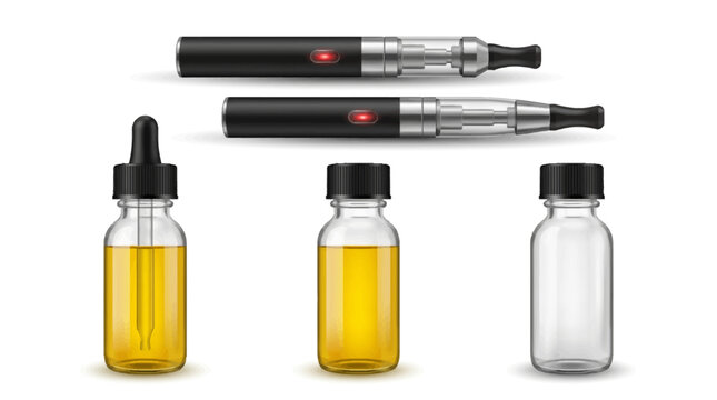 Vape devices and e-liquid bottles on a white background