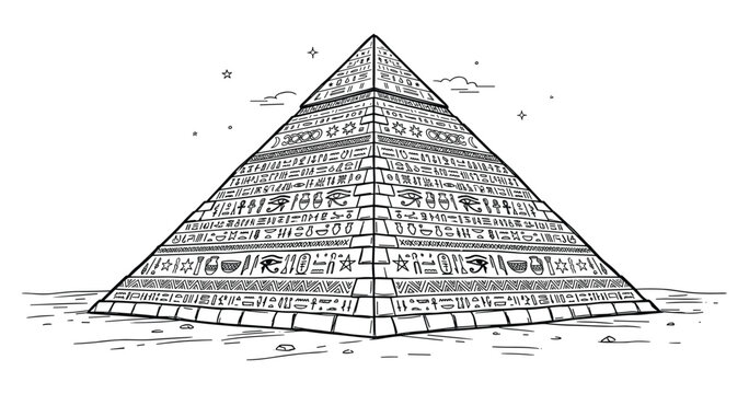 Egyptian pyramid with hieroglyphs and ancient symbols, detailed vector illustration.