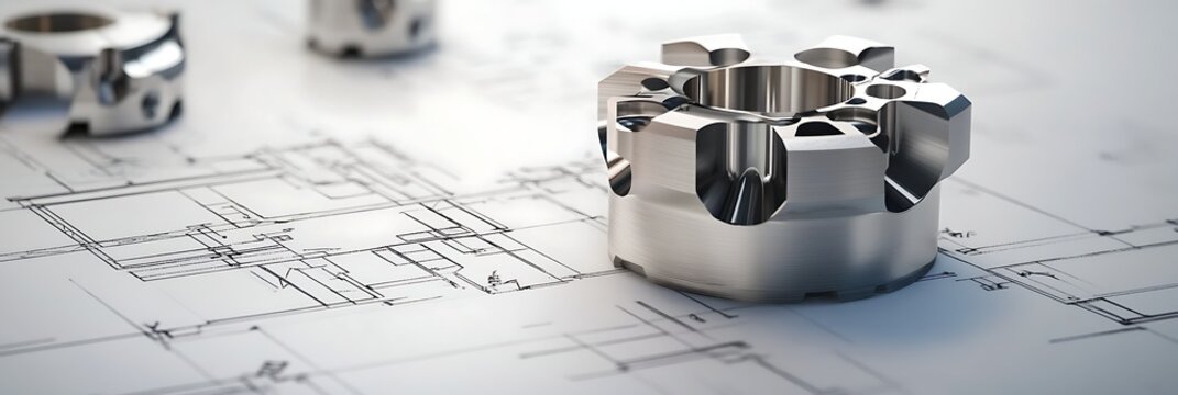 Precision machined metal components displayed atop detailed engineering blueprints showcasing industrial design and manufacturing