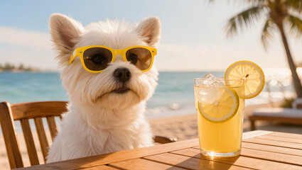 Fototapeta premium Stylish white dog in yellow sunglasses relaxing with cold lemonade on tropical beach during sunny summer vacation day
