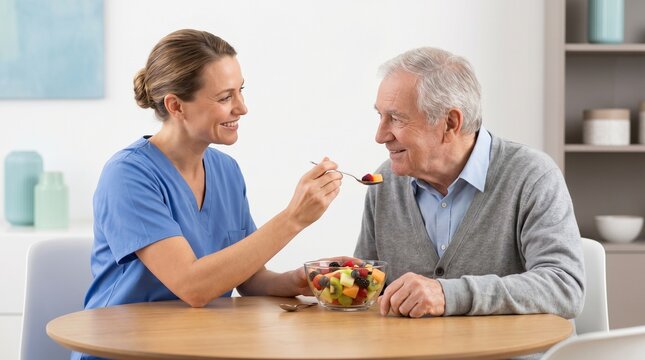Caregiver feeds a nutritious fruit salad to an elderly man sitting at a dining table in a quiet assisted living home.