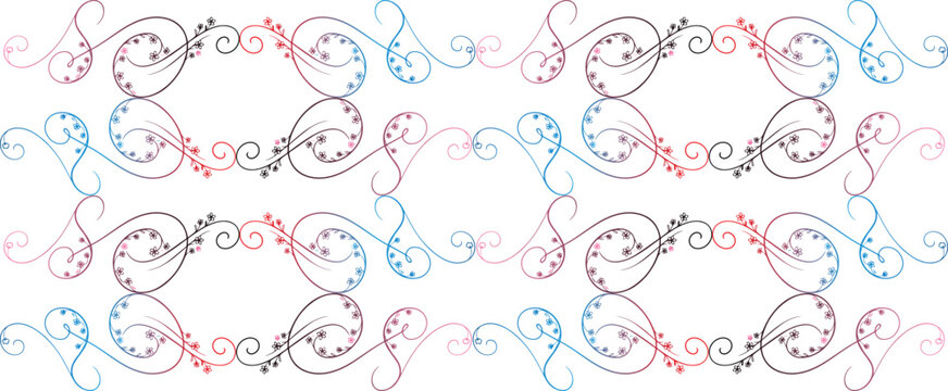 Colorful vintage floral seamless border pattern texture with elegant hand drawn calligraphic flourishes and decorative scroll ornaments