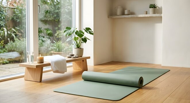 Minimalist home yoga studio interior with rolled blue mat, wooden bench, and tropical plant by a bright garden window