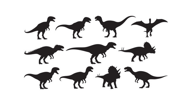 Silhouette set of different prehistoric dinosaurs with sharp claws and teeth black vector illustration on white background.