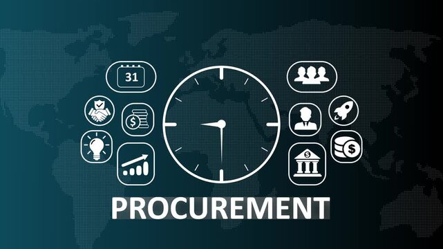 Digital business procurement management dashboard animation featuring professional icons for supply chain logistics, global trade strategy, and corporate purchasing optimization.