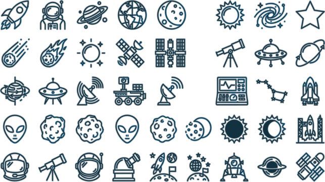 Space and Astronomy Line Icons Set Featuring Rocket Astronaut Alien Planet Telescope Satellite and Cosmic Exploration Symbols for Science Vector Illustration Collection