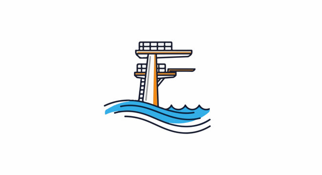 Diving platform with tiered boards above blue waves, graphic icon