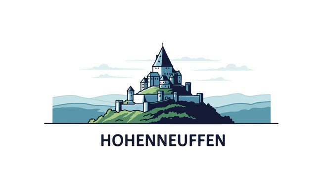 Pixel art castle on a grassy hill under a cloudy sky with layered blue mountains in background