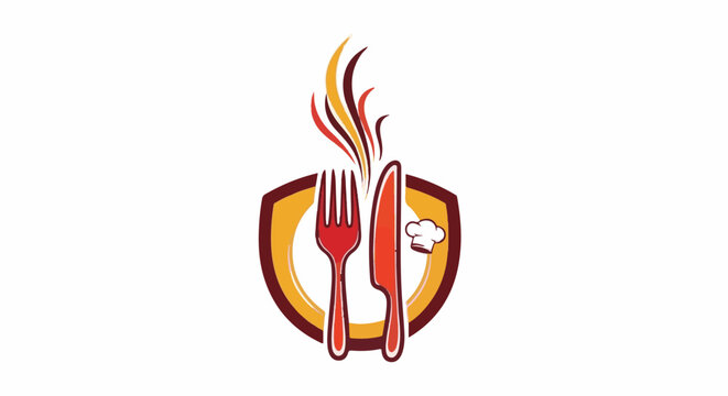 A stylized logo features a fork, knife, and chef's hat over a shield