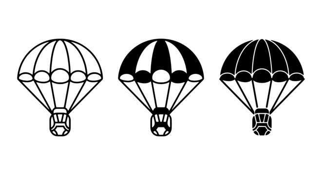 Parachute Icons Set, Vector Graphics, Black and White, Skydiving Equipment