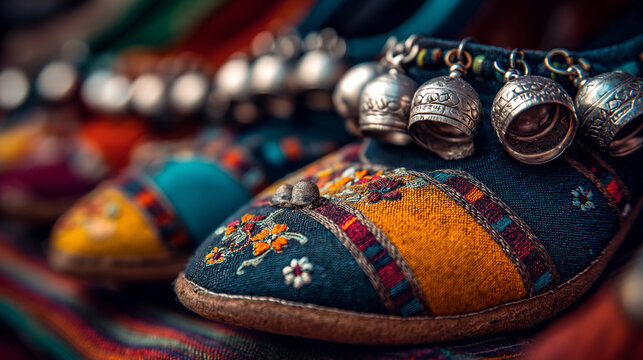 jutti. Colorful traditional shoes decorated with tiny, trembling bells. event programs, museum guides, designed for cultural heritage projects and event programs, elevates cultural identity.