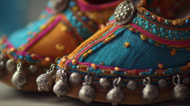 jutti. Colorful traditional shoes decorated with tiny, trembling bells. event programs, museum guides, designed for cultural heritage projects and event programs, elevates cultural identity.