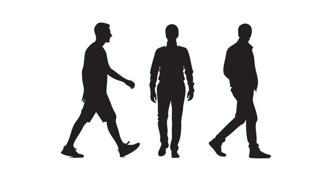 Three black silhouettes of men walking and standing, diverse poses and casual outfits, human figures for design.