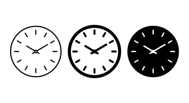 Minimalist Clock Icons, Time Symbols, Analog Watch Faces, Vector Graphics Set