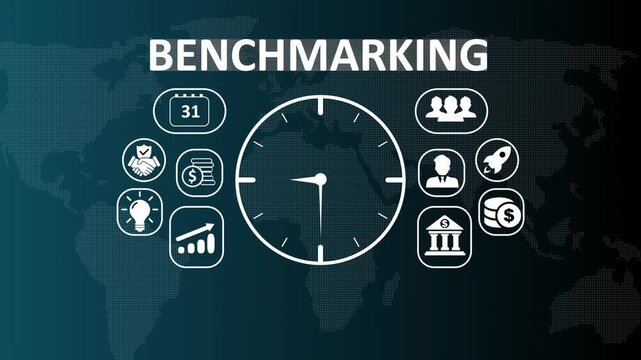 Business benchmarking and quality performance standard concept animation showing comparative analysis icons, competitive research symbols, and industry measurement on a screen.