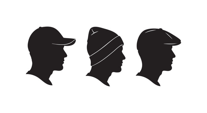 Three different men's head profiles wearing various types of hats as black silhouettes.