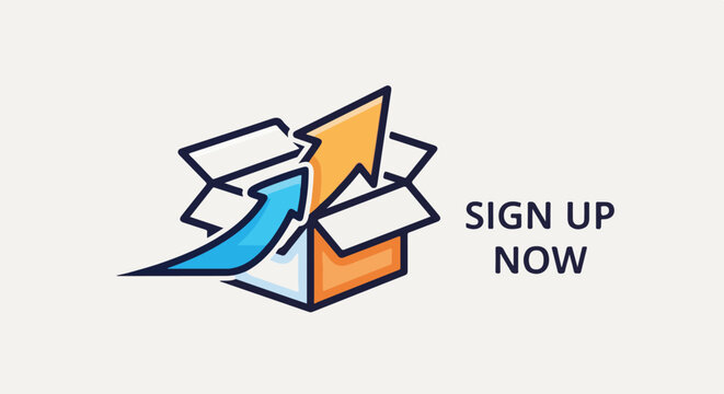 Open box with ascending blue and orange arrows symbolizing growth, next to "SIGN UP NOW" text