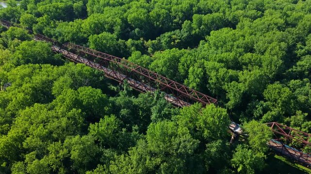 Aerial view of the historic Old Chain of Rocks Bridge spanning the Mississippi River between Illinois and Missouri