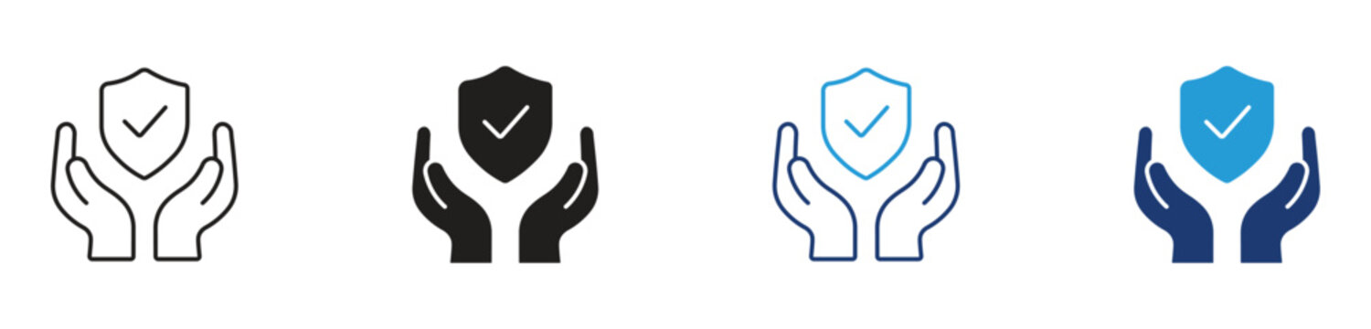 Hands holding shield icon set, representing protection, safety, secure support, vector illustration