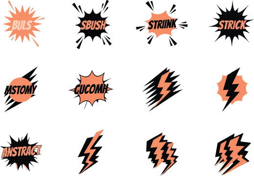 Comic book sound effect graphics in orange and black featuring text and lightning bolts