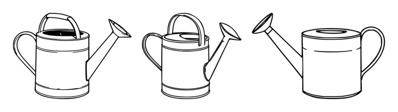 Watering cans set with black line art on white background featuring watering can, spout, garden tools with gardening and horticulture