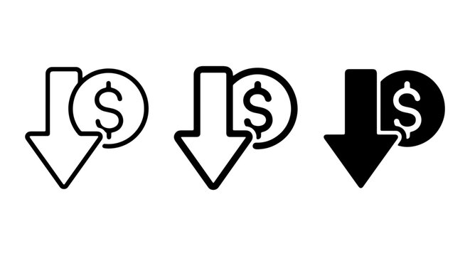 Falling Dollar Icon Set, Price Drop Symbols, Downward Trend Graphics, Financial Decrease Icons