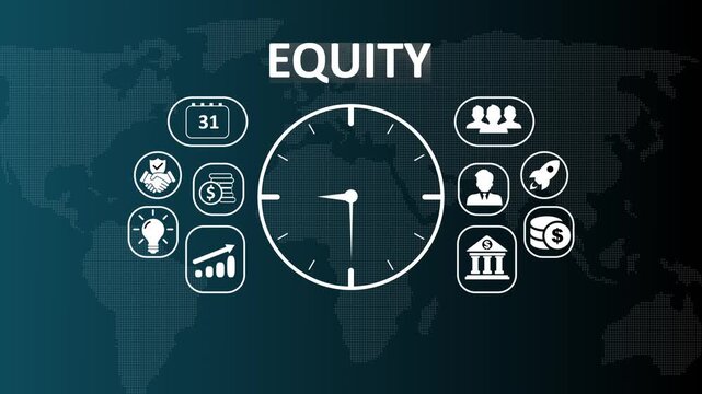 Business equity and ownership stake concept video featuring animated financial icons for capital investment, shareholder value, company assets, and corporate stock market growth.