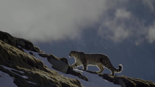 Feline Traverses Rugged Mountain Ridge. Snow Leopard Advances Carefully Over Windy Snowcovered Ledges