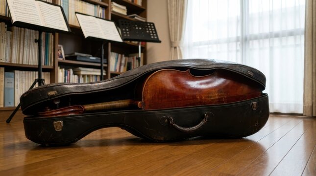 A vintage cello rests partially unzipped in its weathered leather case, showcasing rich wood grain and the promise of classical music performance.