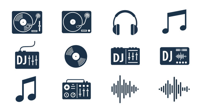 DJ Equipment and Music Icons Set: Turntables, Headphones, Mixer, Notes