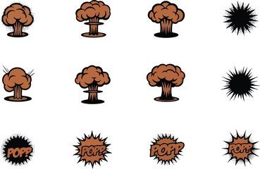 Fototapeta premium Twelve cartoon graphic icons of mushroom clouds and explosion bursts