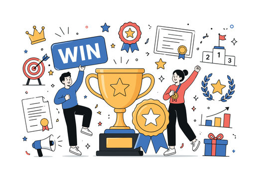 Award Success Champion Icons. A clean editorial banner about achievement and winner symbols, with 2 geometric characters celebrating around an oversized trophy cup and a large medal badge spread