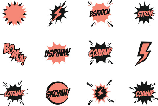 Twelve comic book sound effect graphics in coral and black on a white background