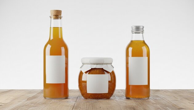 Organic orange juice jam syrup drink glossy bottle jar blank white label mockup