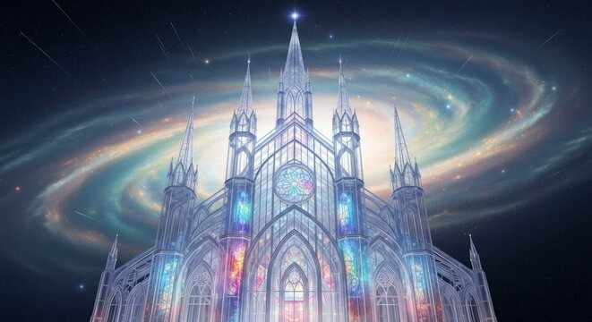 Cath&eacute;drale fantastique avec fa&ccedil;ade illumin&eacute;e sur fond de galaxie c&eacute;leste