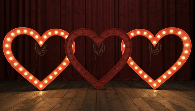 Red marquee heart signs with warm yellow light bulbs and an empty frame version for festive love and passion themed decorations mockup