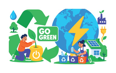 Naklejka premium Eco Recycle Future Eco Recycle Future banner, 2 expressive stylized human characters interacting with oversized recycle arrows and giant green globe energy symbol, one character plants a leaf into a