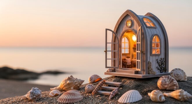 Maison miniature sur la plage avec des coquillages et un coucher de soleil sur l'oc&eacute;an en arri&egrave;re-plan
