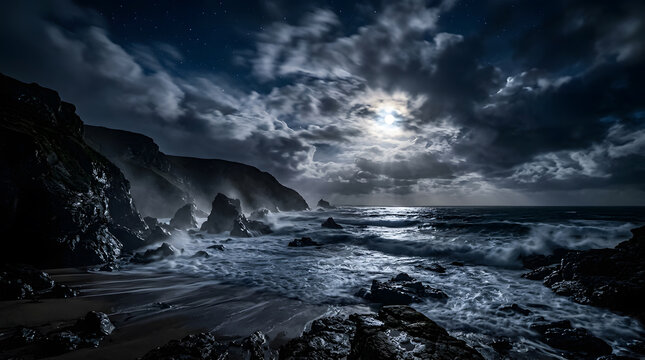 Dramatic moonlight illuminates stormy ocean waves crashing against rugged, dark coastline.